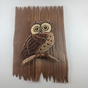 Vintage Needlepoint Owl On Wood Plaque Art Funky Kitsch 1980s Cottage Wall Decor
